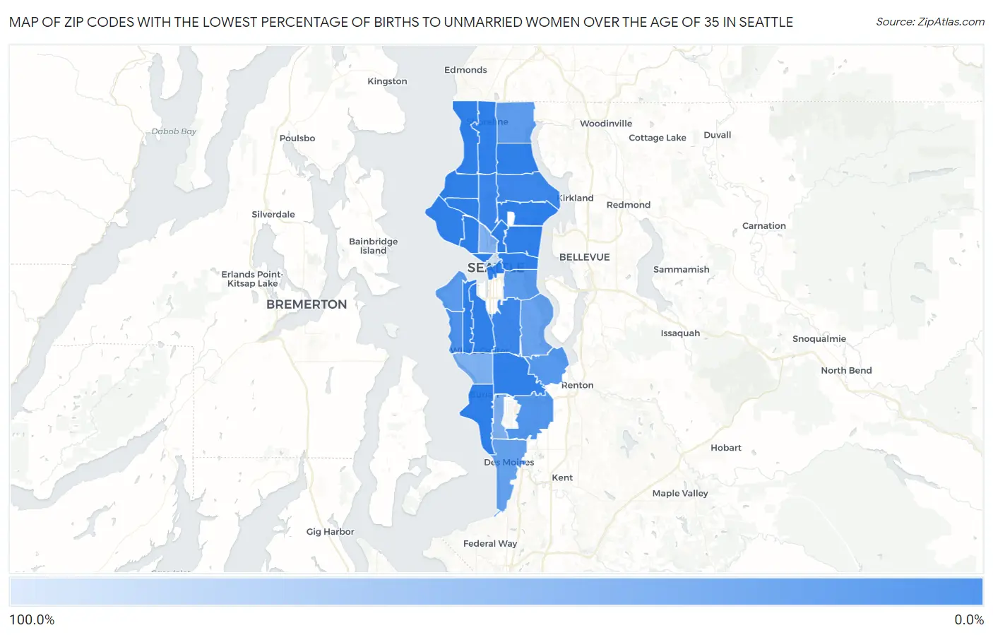 Zip Codes with the Lowest Percentage of Births to Unmarried Women over the Age of 35 in Seattle Map