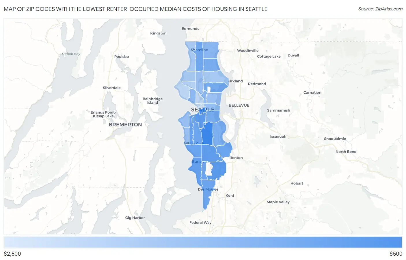 Zip Codes with the Lowest Renter-Occupied Median Costs of Housing in Seattle Map