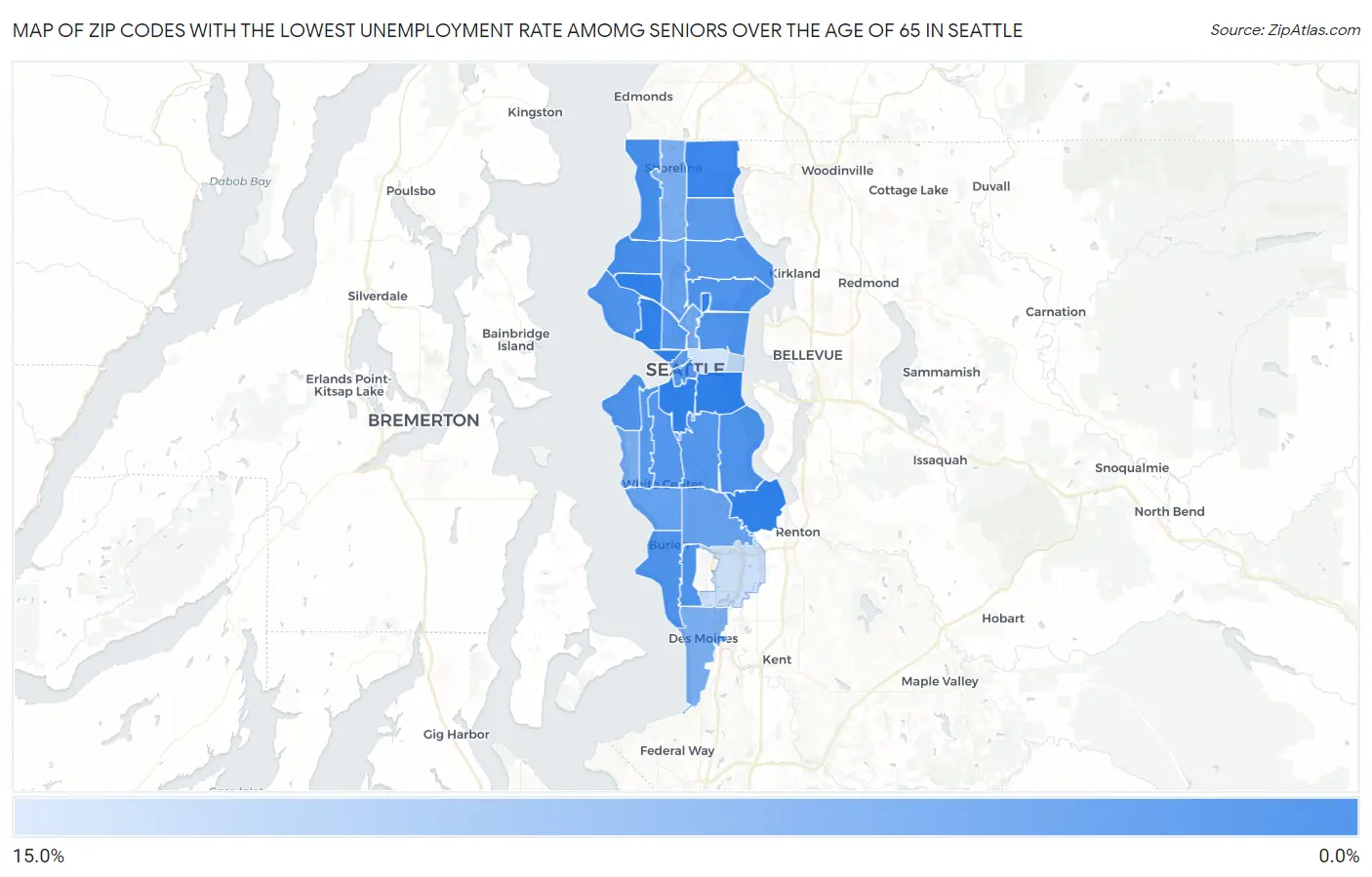 Zip Codes with the Lowest Unemployment Rate Amomg Seniors Over the Age of 65 in Seattle Map