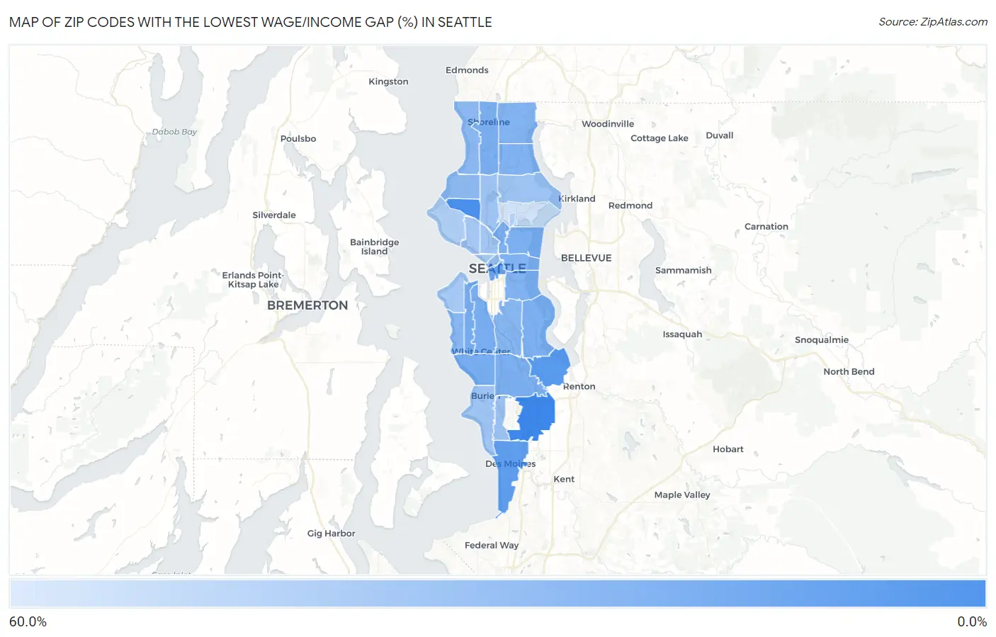 Zip Codes with the Lowest Wage/Income Gap (%) in Seattle Map