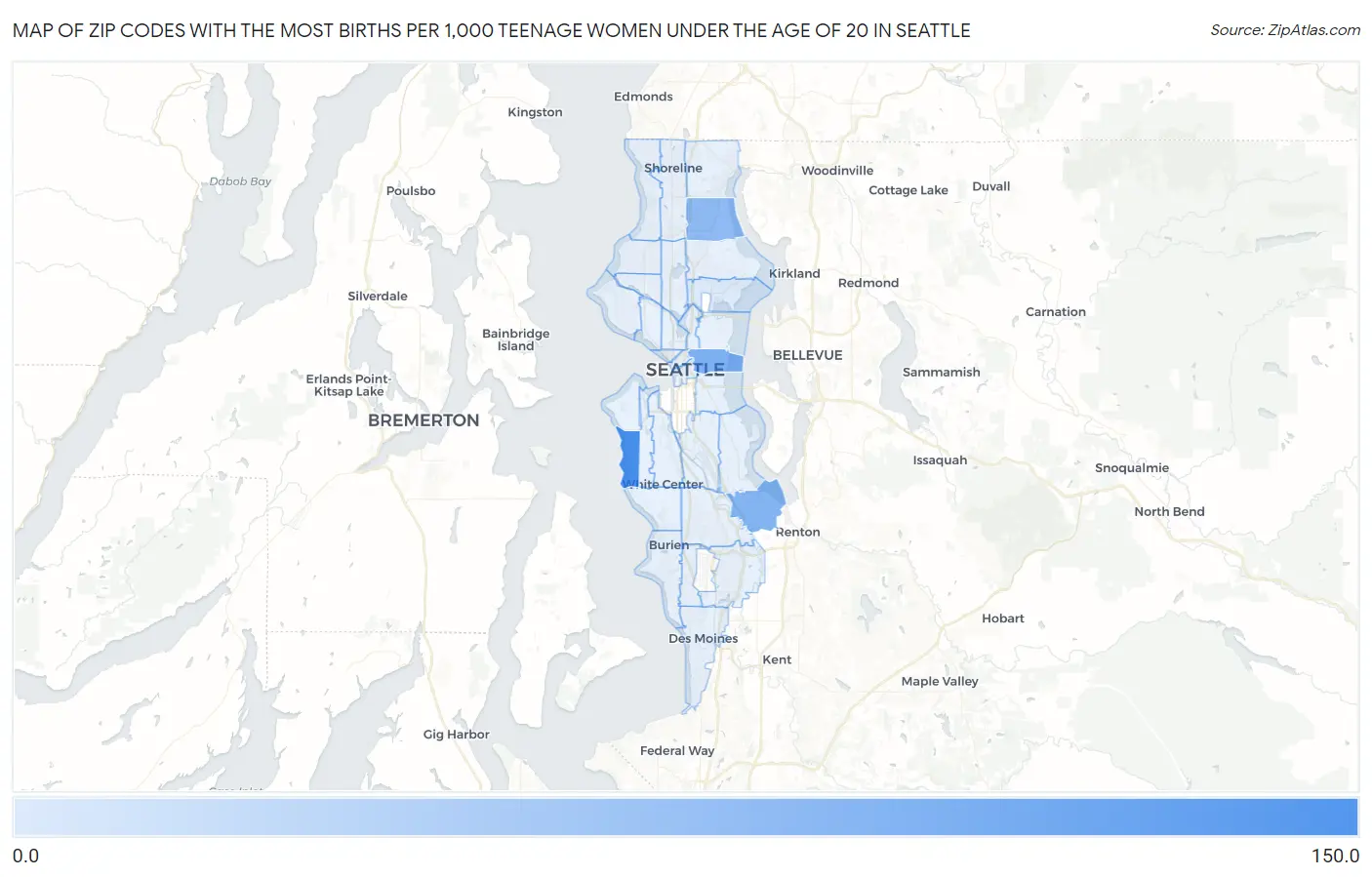 Zip Codes with the Most Births per 1,000 Teenage Women Under the Age of 20 in Seattle Map