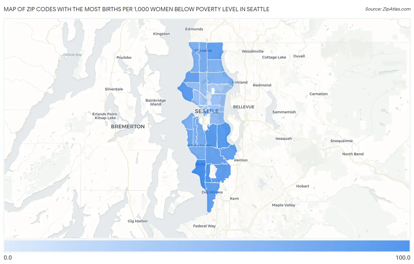 Zip Codes with the Most Births per 1,000 Women Below Poverty Level in Seattle Map