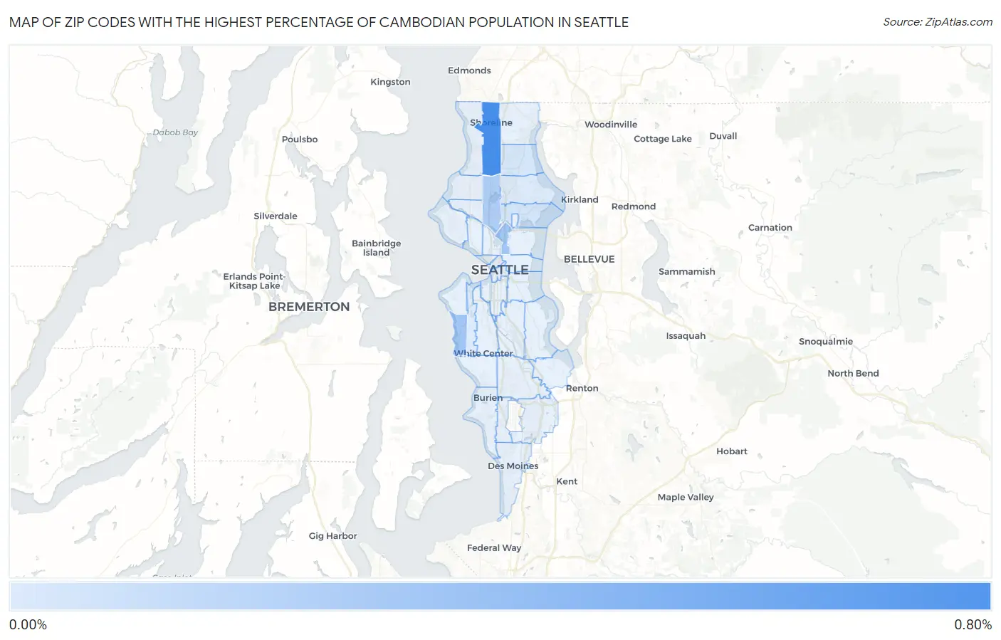 Zip Codes with the Highest Percentage of Cambodian Population in Seattle Map