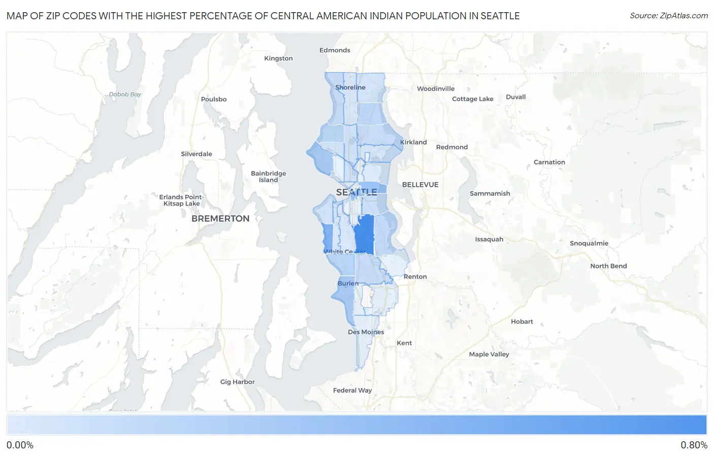 Zip Codes with the Highest Percentage of Central American Indian Population in Seattle Map