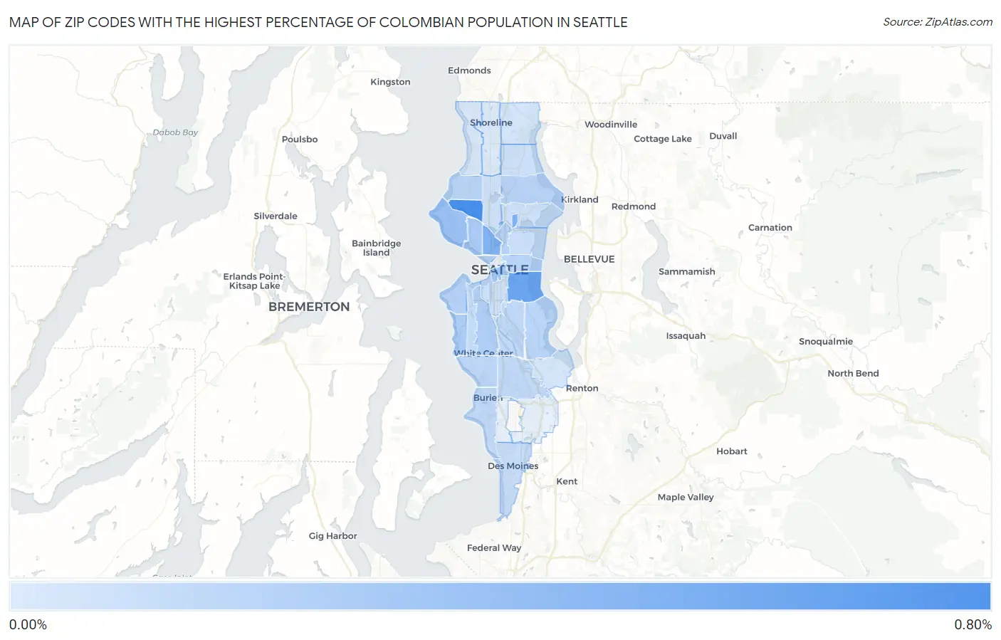 Zip Codes with the Highest Percentage of Colombian Population in Seattle Map