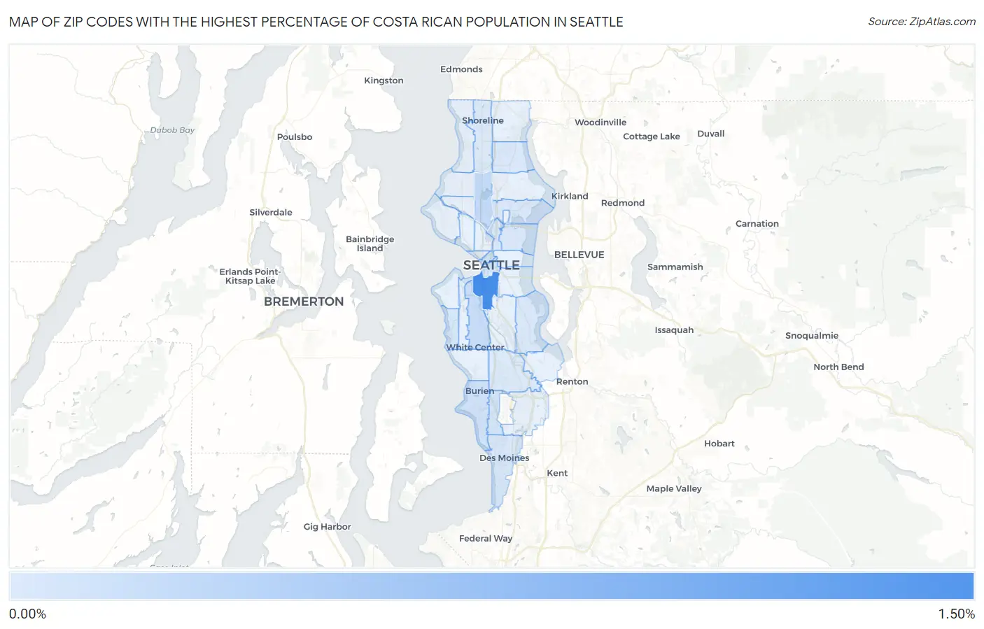 Zip Codes with the Highest Percentage of Costa Rican Population in Seattle Map