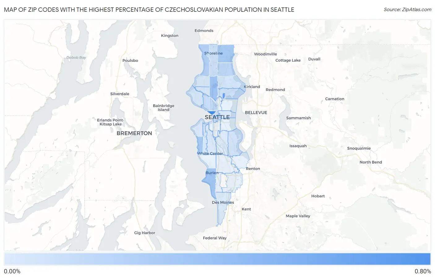 Zip Codes with the Highest Percentage of Czechoslovakian Population in Seattle Map