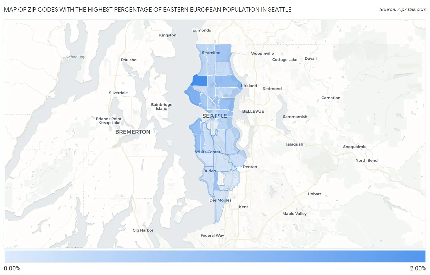 Zip Codes with the Highest Percentage of Eastern European Population in Seattle Map