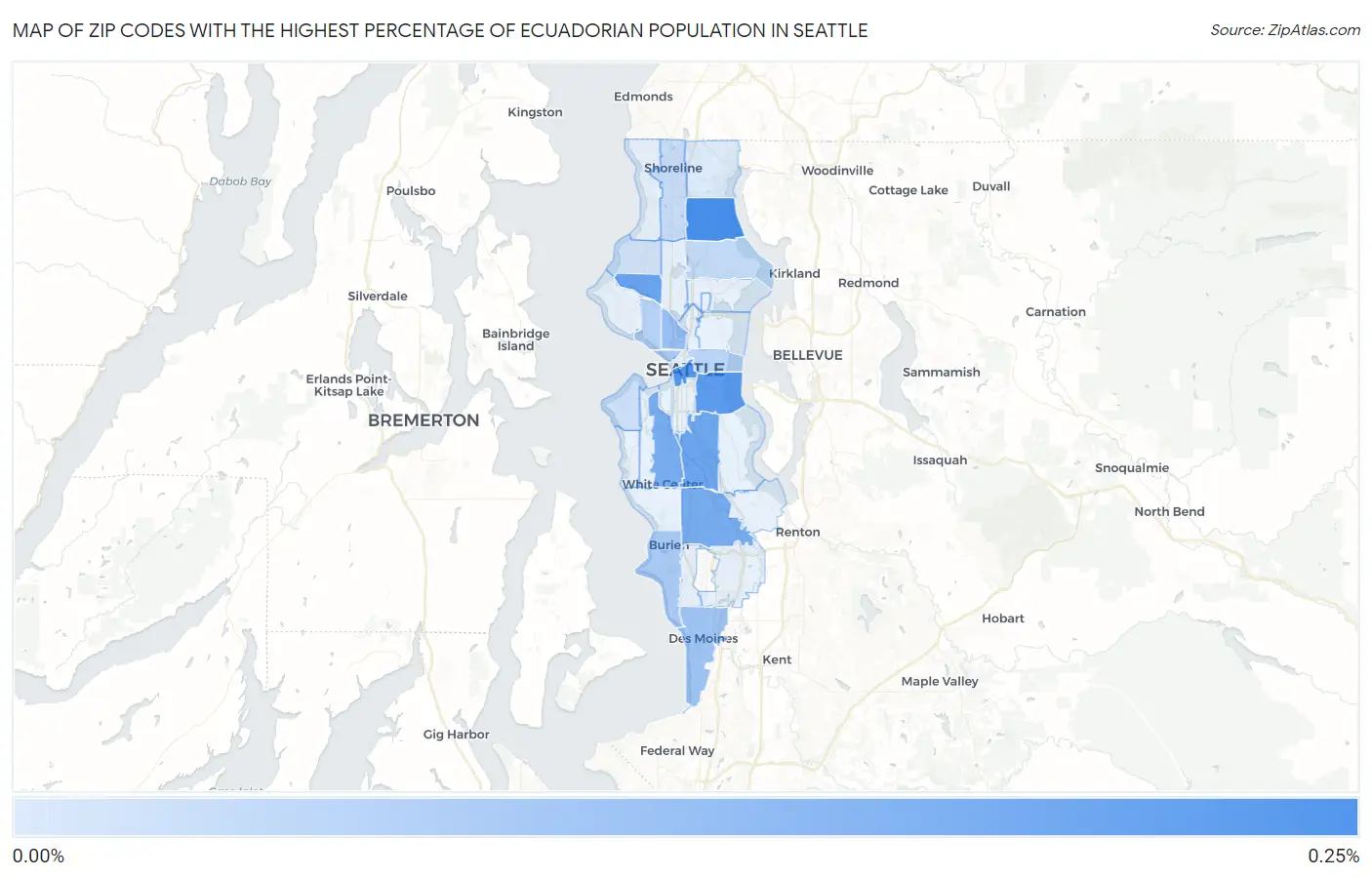 Zip Codes with the Highest Percentage of Ecuadorian Population in Seattle Map