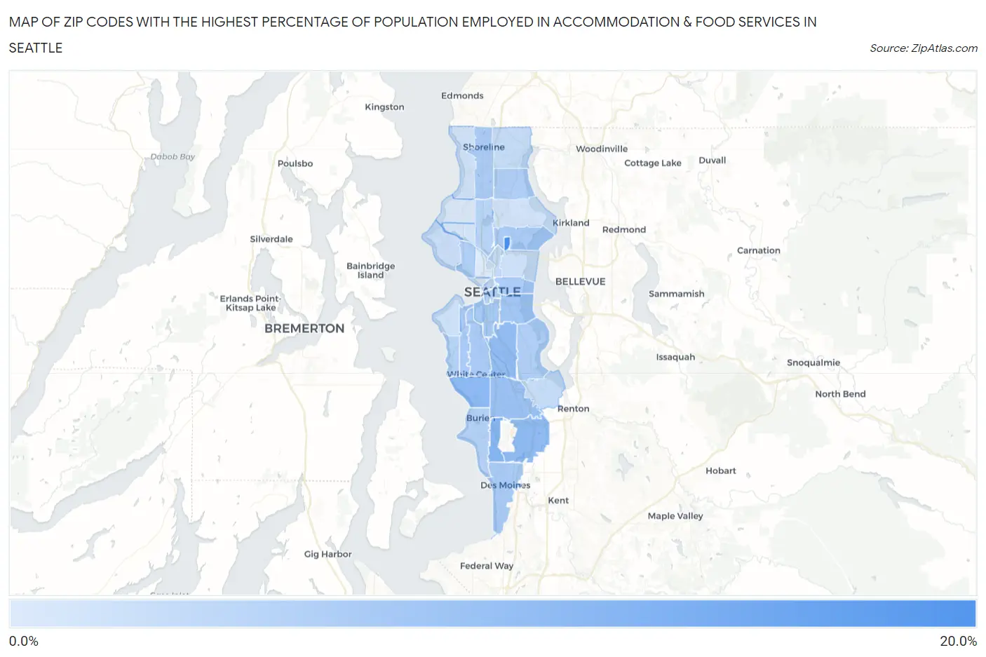 Zip Codes with the Highest Percentage of Population Employed in Accommodation & Food Services in Seattle Map