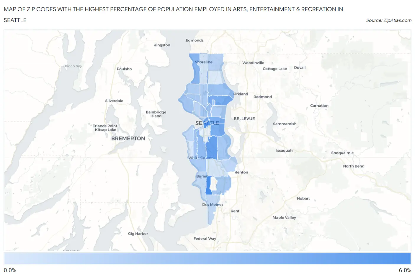 Zip Codes with the Highest Percentage of Population Employed in Arts, Entertainment & Recreation in Seattle Map