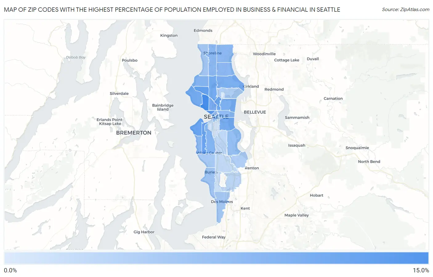 Zip Codes with the Highest Percentage of Population Employed in Business & Financial in Seattle Map