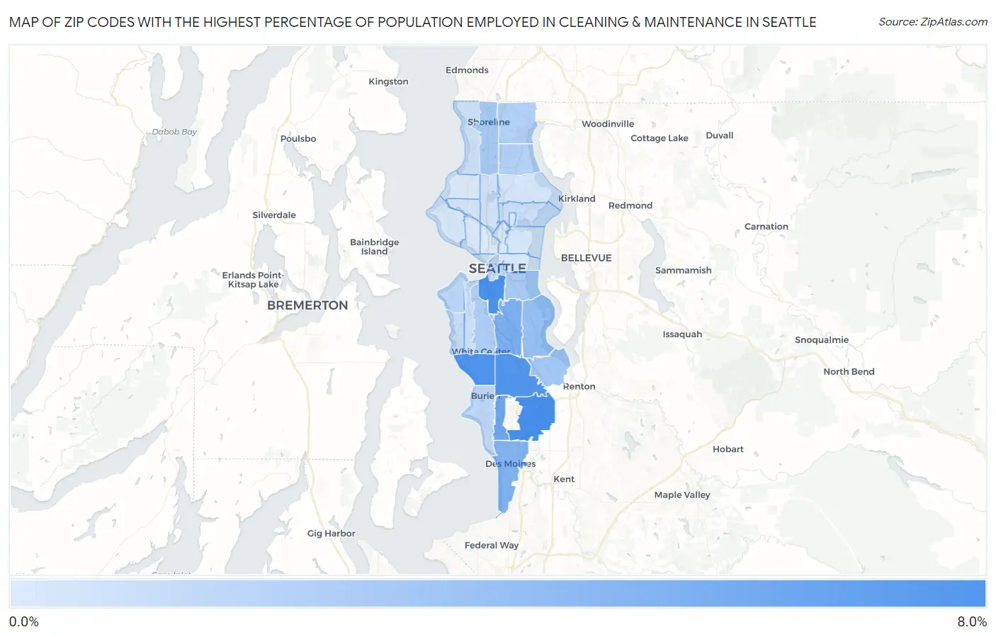 Zip Codes with the Highest Percentage of Population Employed in Cleaning & Maintenance in Seattle Map