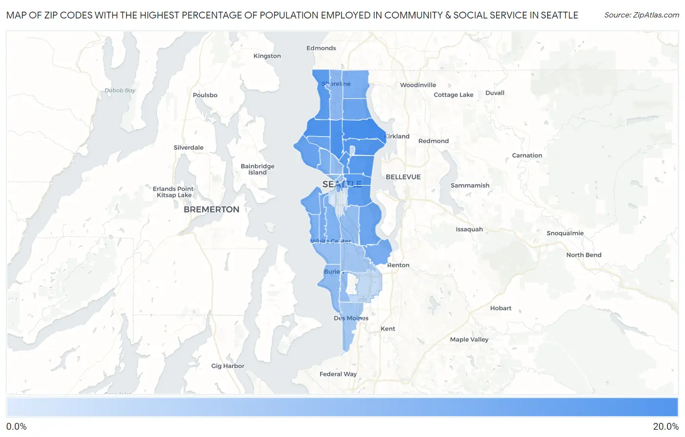 Zip Codes with the Highest Percentage of Population Employed in Community & Social Service  in Seattle Map