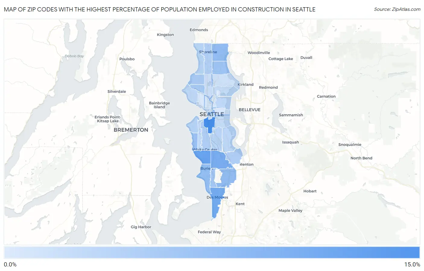 Zip Codes with the Highest Percentage of Population Employed in Construction in Seattle Map