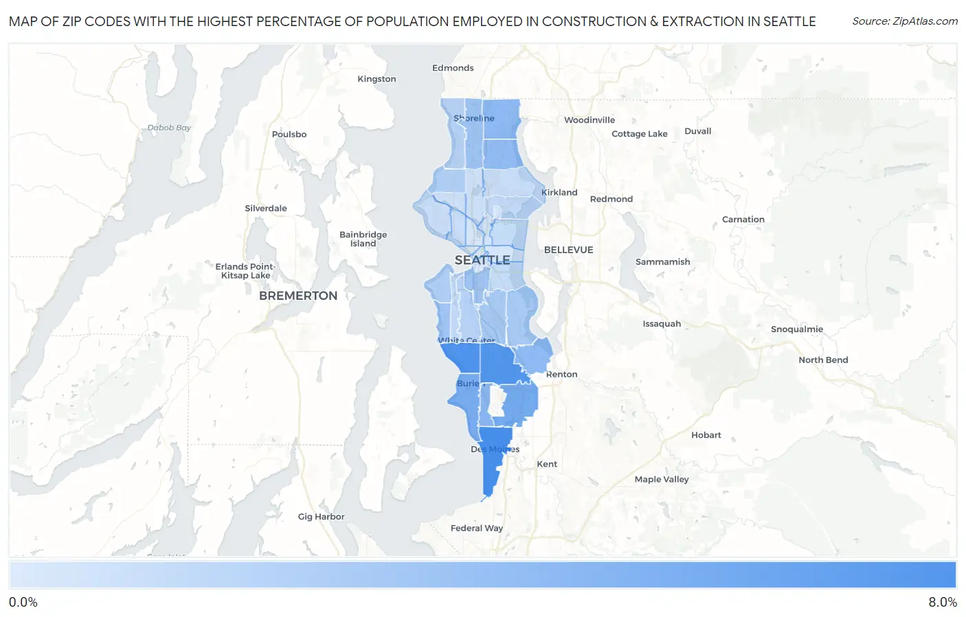 Zip Codes with the Highest Percentage of Population Employed in Construction & Extraction in Seattle Map