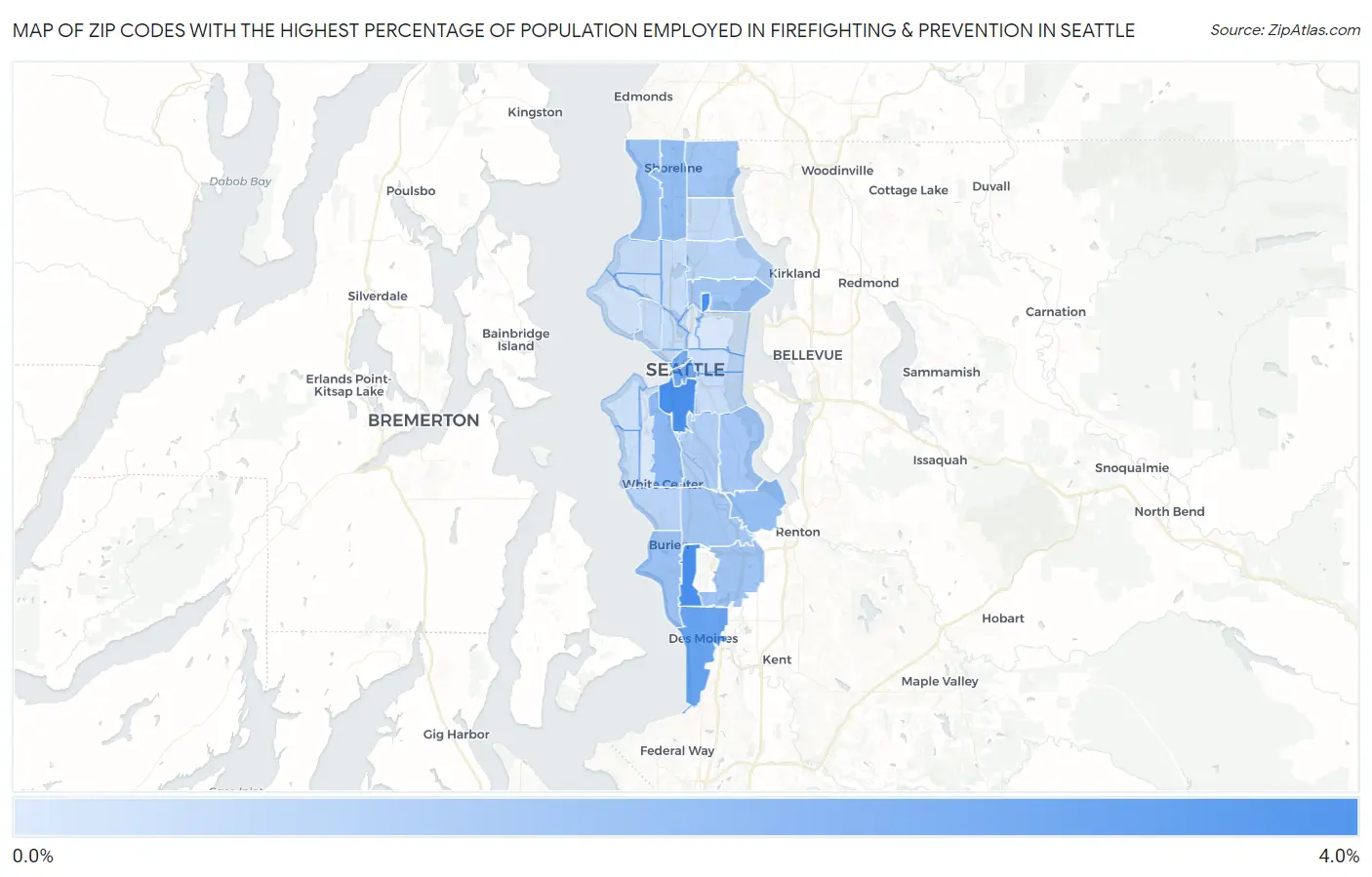 Zip Codes with the Highest Percentage of Population Employed in Firefighting & Prevention in Seattle Map