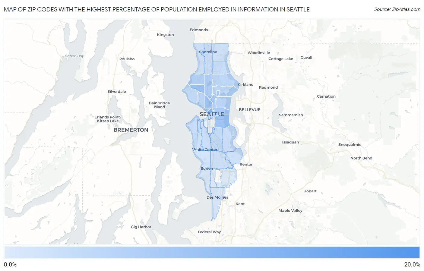 Zip Codes with the Highest Percentage of Population Employed in Information in Seattle Map