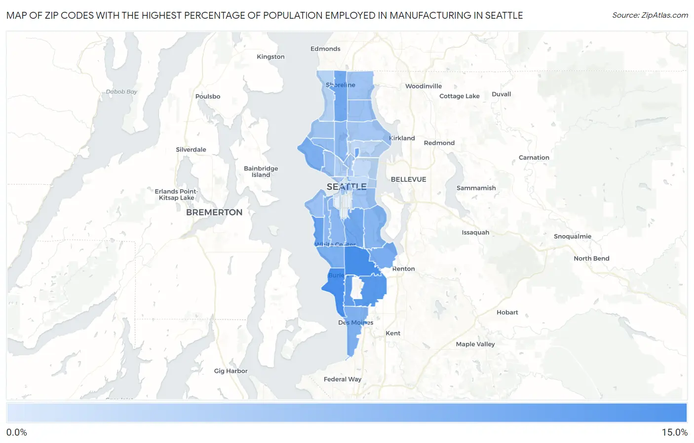 Zip Codes with the Highest Percentage of Population Employed in Manufacturing in Seattle Map