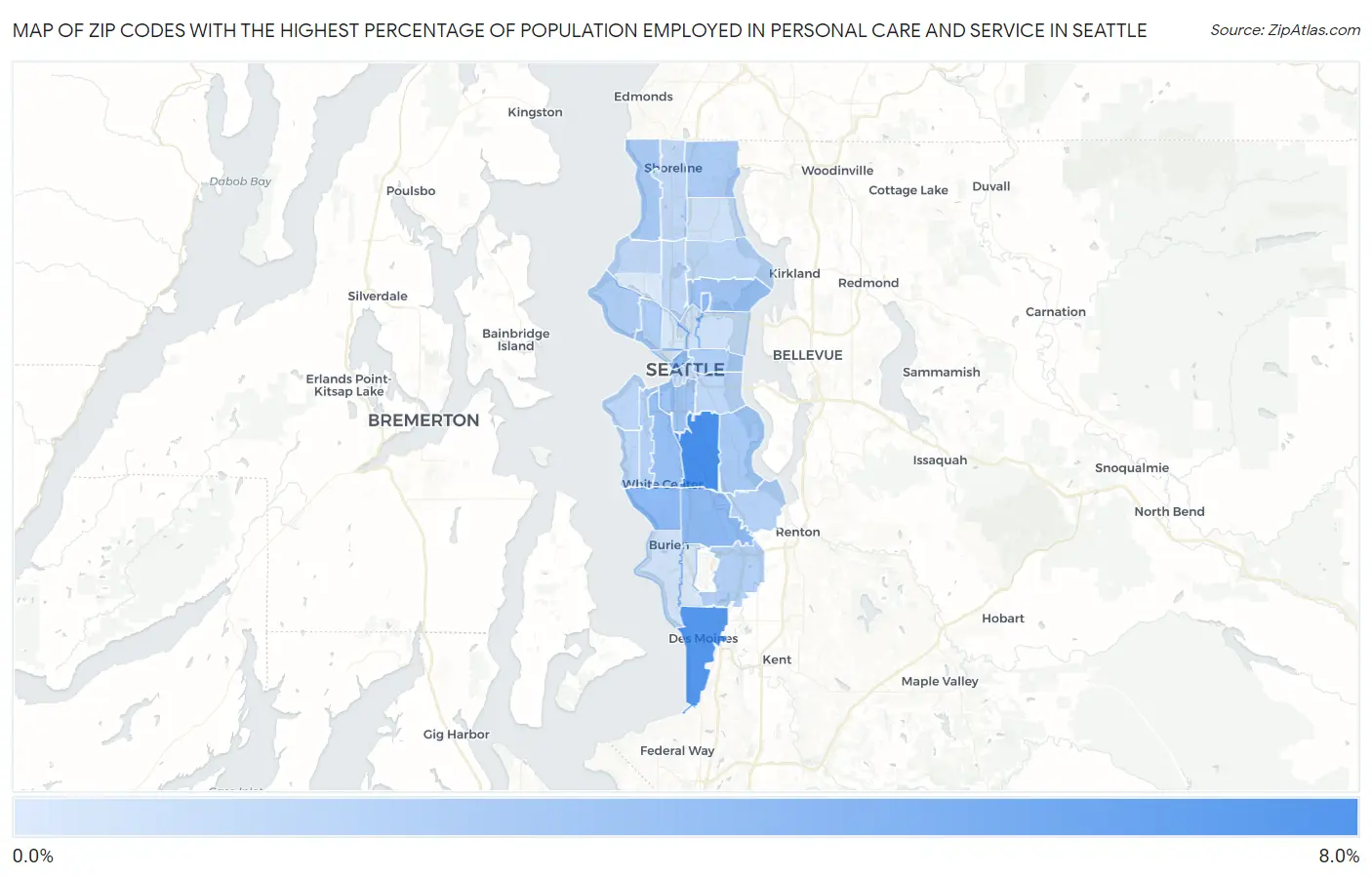 Zip Codes with the Highest Percentage of Population Employed in Personal Care and Service in Seattle Map
