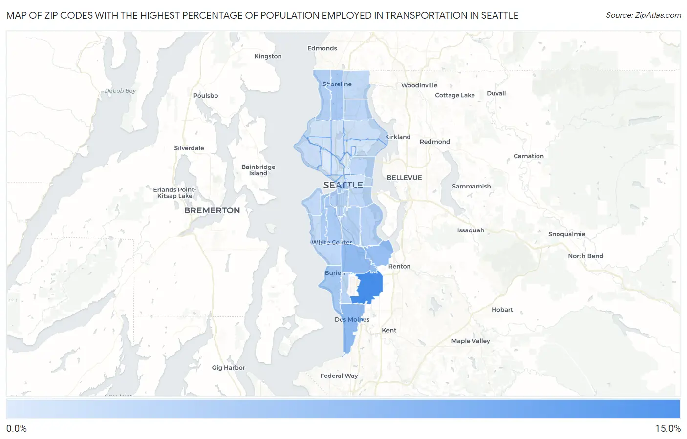 Zip Codes with the Highest Percentage of Population Employed in Transportation in Seattle Map