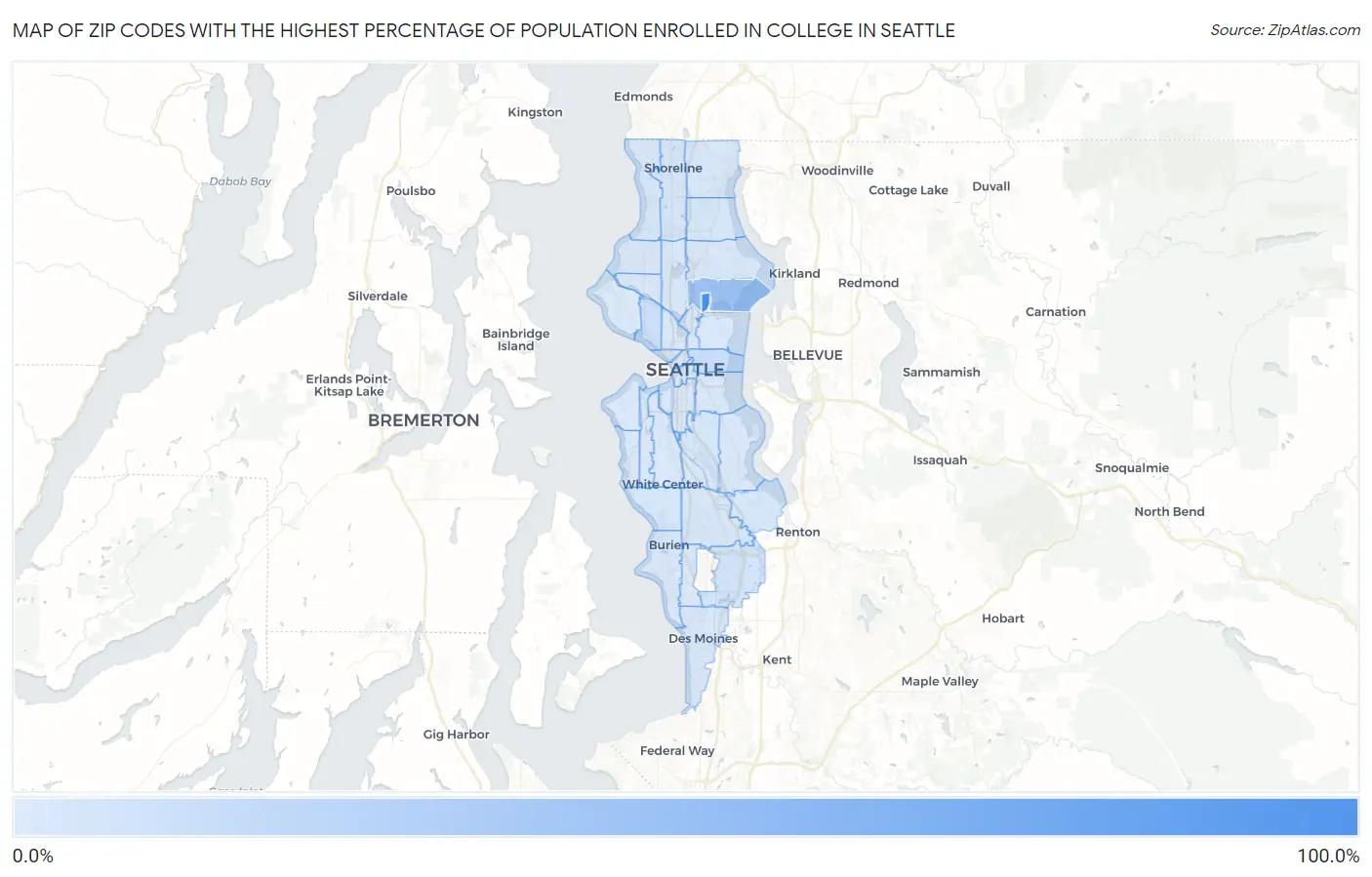 Zip Codes with the Highest Percentage of Population Enrolled in College in Seattle Map