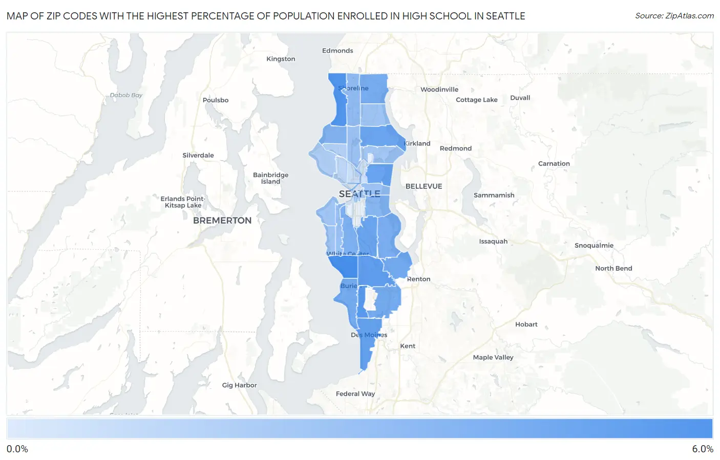 Zip Codes with the Highest Percentage of Population Enrolled in High School in Seattle Map