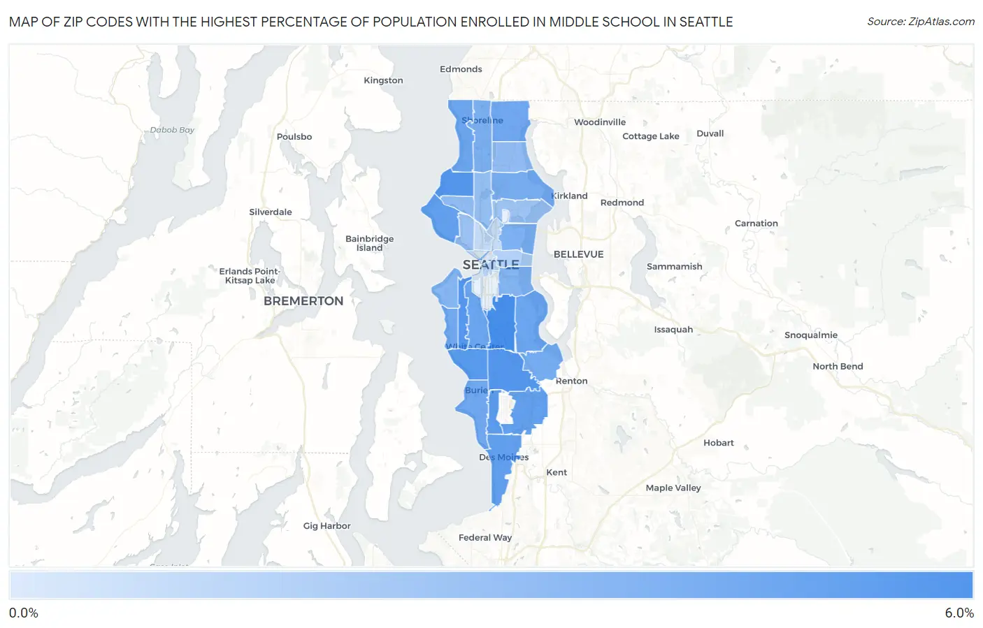 Zip Codes with the Highest Percentage of Population Enrolled in Middle School in Seattle Map