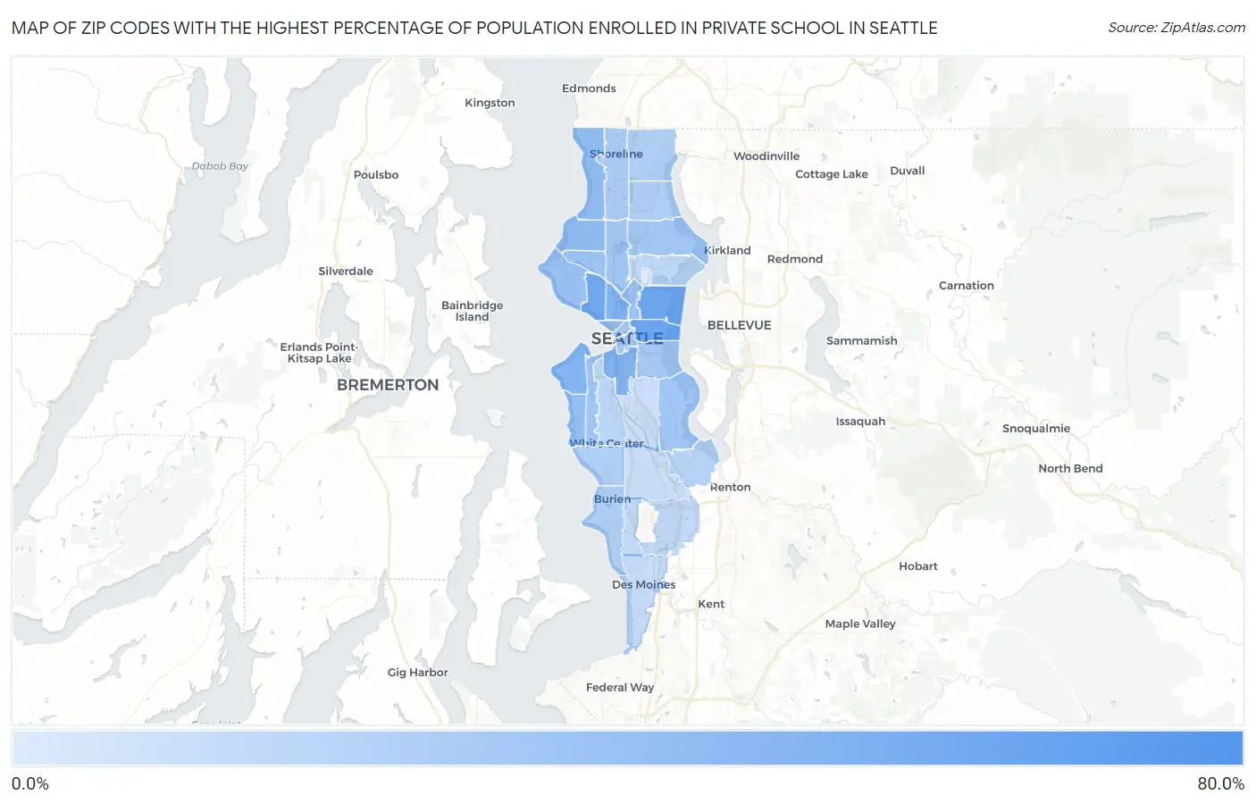 Zip Codes with the Highest Percentage of Population Enrolled in Private School in Seattle Map