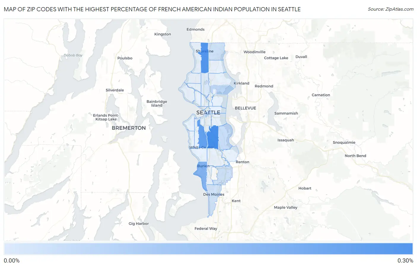 Zip Codes with the Highest Percentage of French American Indian Population in Seattle Map