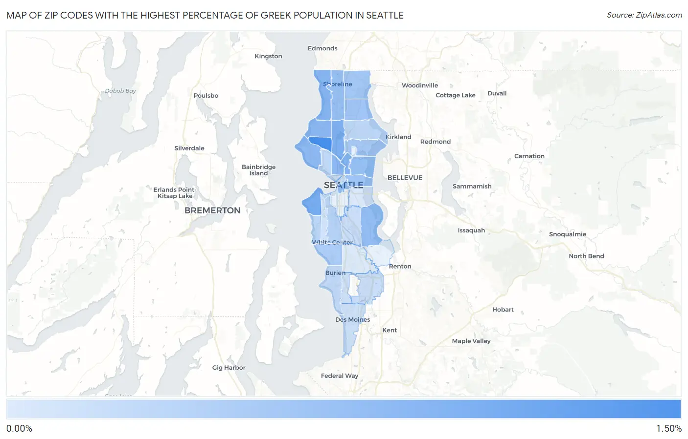 Zip Codes with the Highest Percentage of Greek Population in Seattle Map