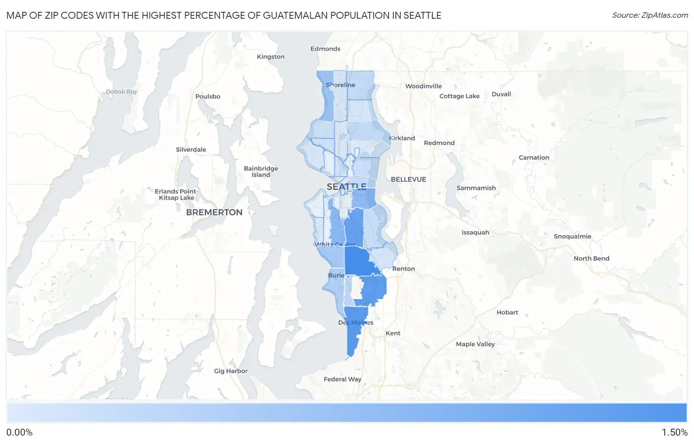 Zip Codes with the Highest Percentage of Guatemalan Population in Seattle Map