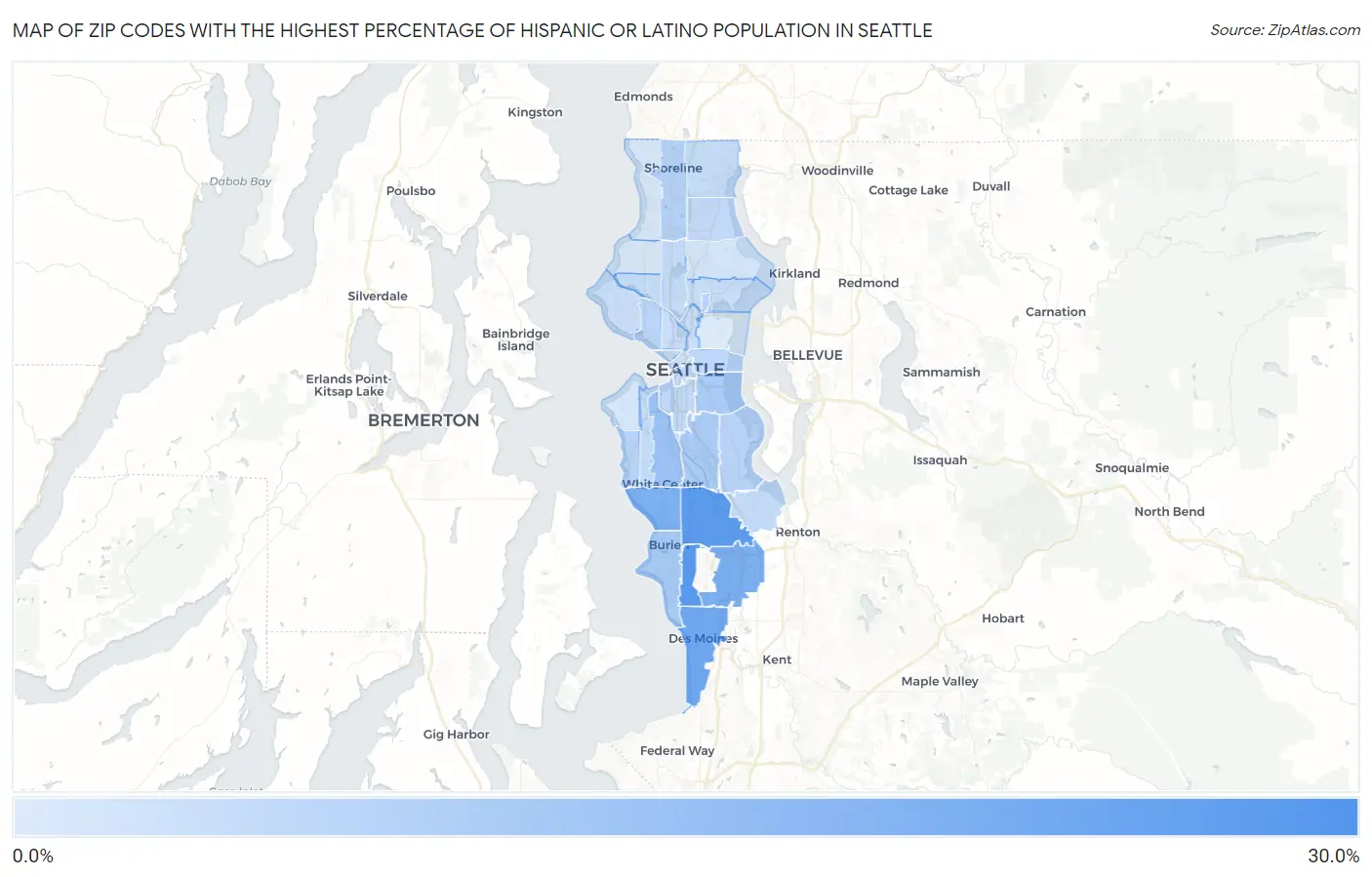 Zip Codes with the Highest Percentage of Hispanic or Latino Population in Seattle Map