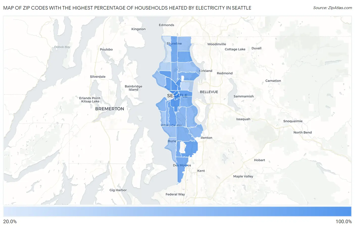 Zip Codes with the Highest Percentage of Households Heated by Electricity in Seattle Map