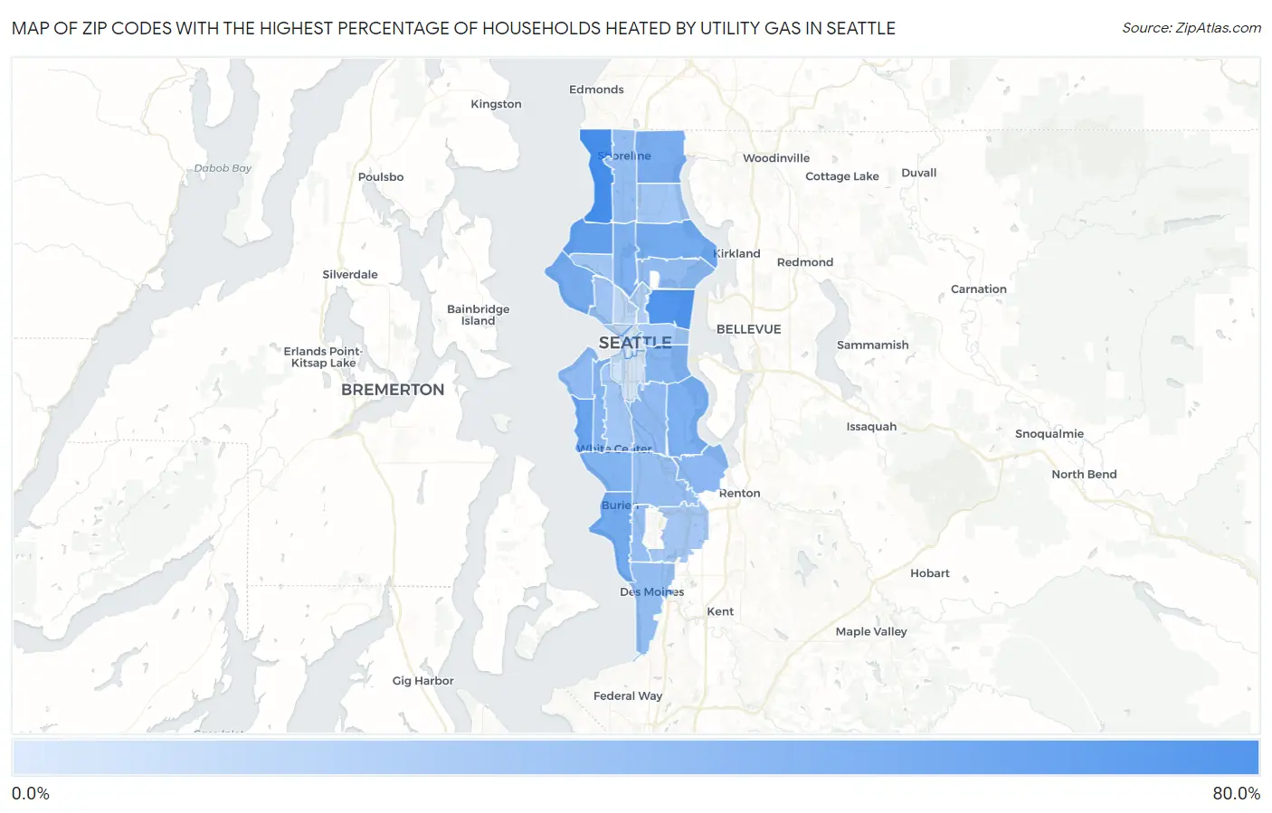 Zip Codes with the Highest Percentage of Households Heated by Utility Gas in Seattle Map