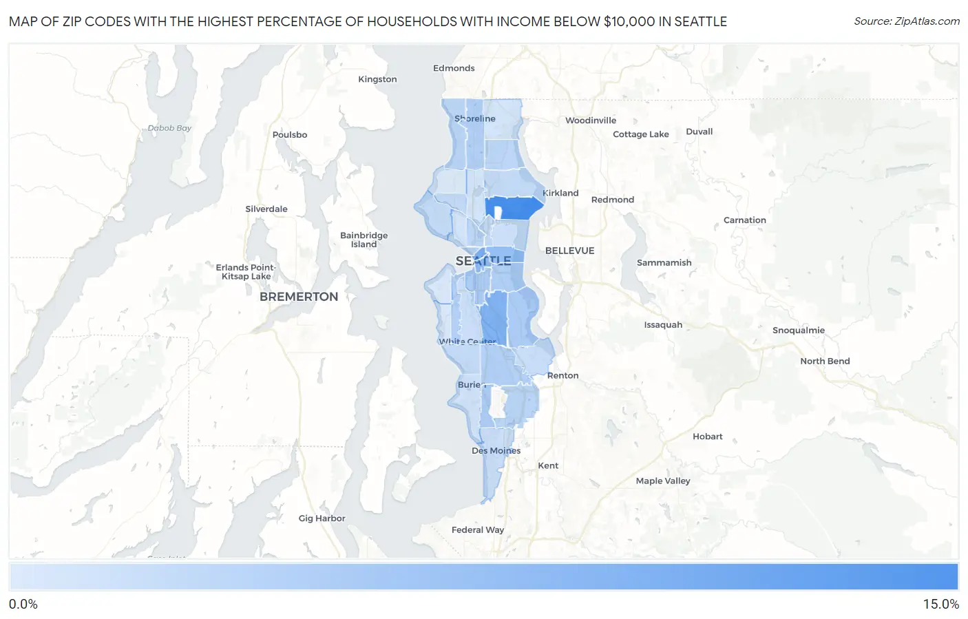 Zip Codes with the Highest Percentage of Households with Income Below $10,000 in Seattle Map