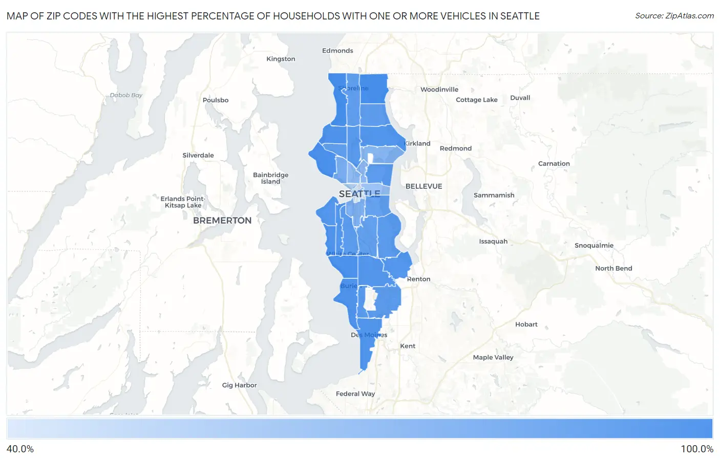 Zip Codes with the Highest Percentage of Households With One or more Vehicles in Seattle Map
