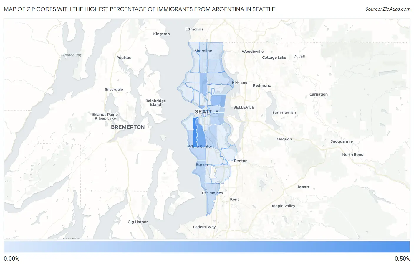 Zip Codes with the Highest Percentage of Immigrants from Argentina in Seattle Map