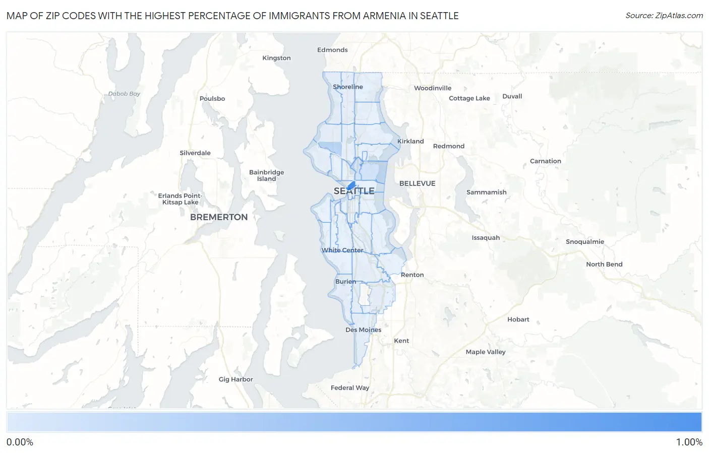 Zip Codes with the Highest Percentage of Immigrants from Armenia in Seattle Map
