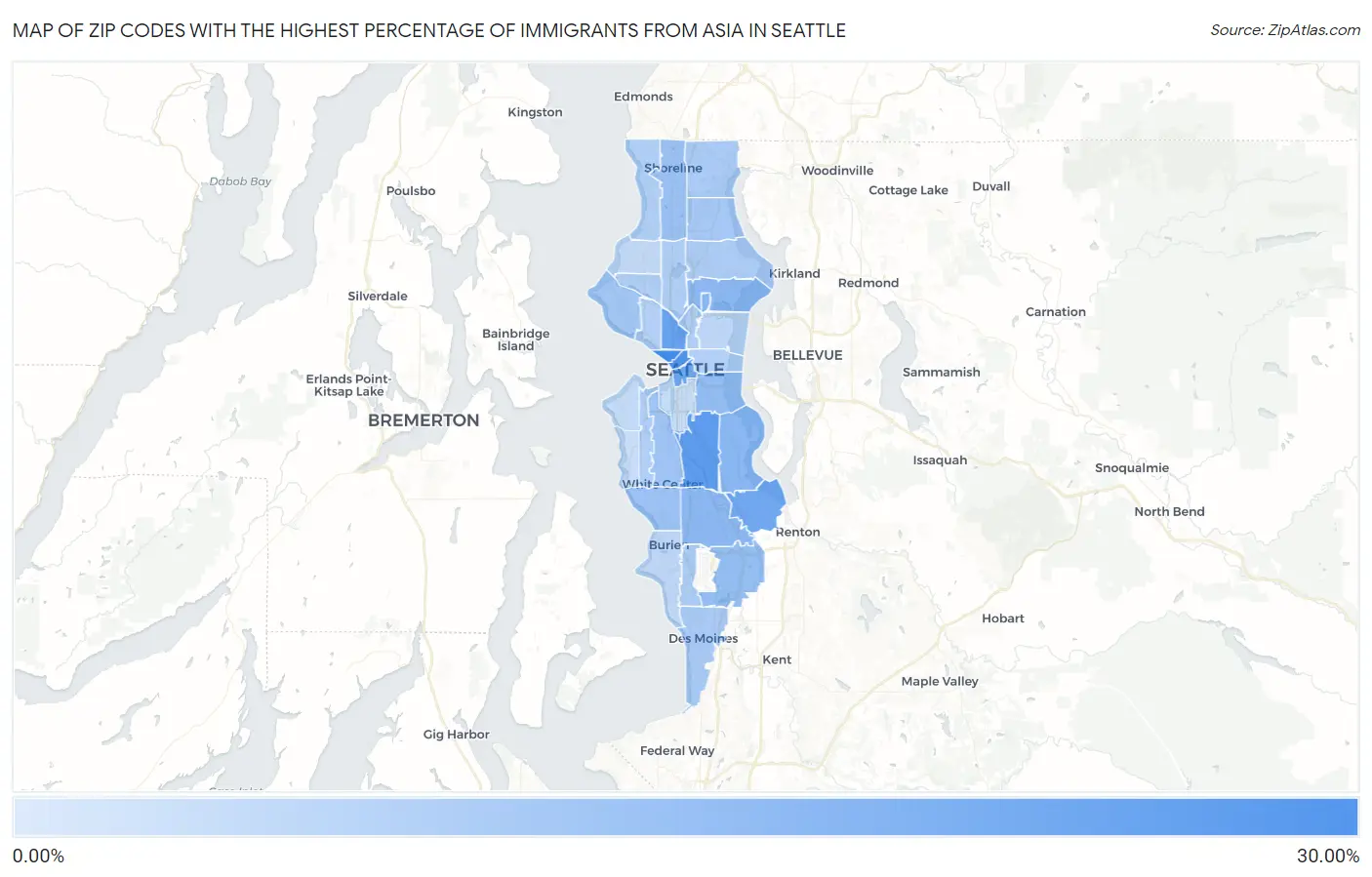 Zip Codes with the Highest Percentage of Immigrants from Asia in Seattle Map