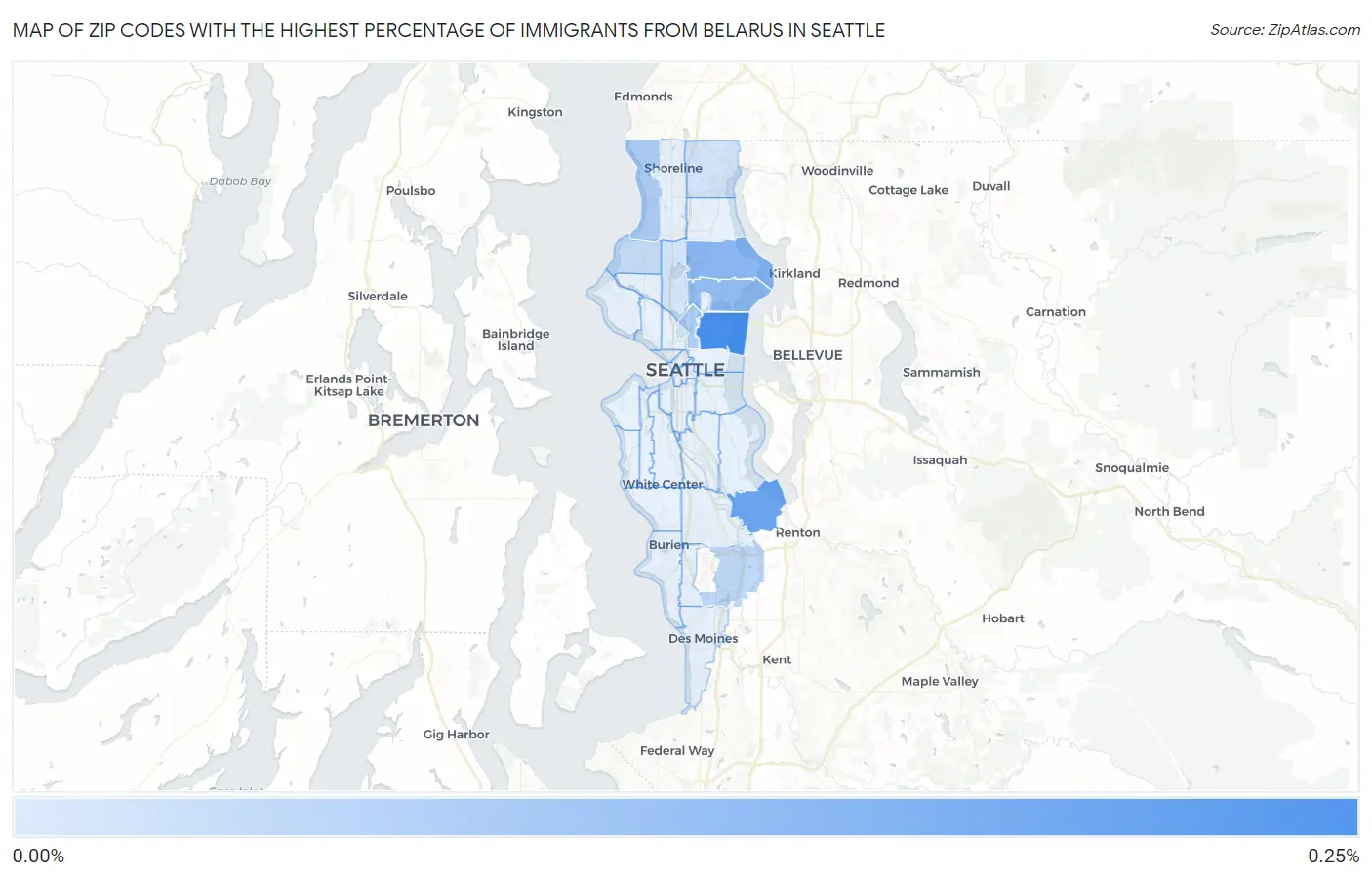 Zip Codes with the Highest Percentage of Immigrants from Belarus in Seattle Map