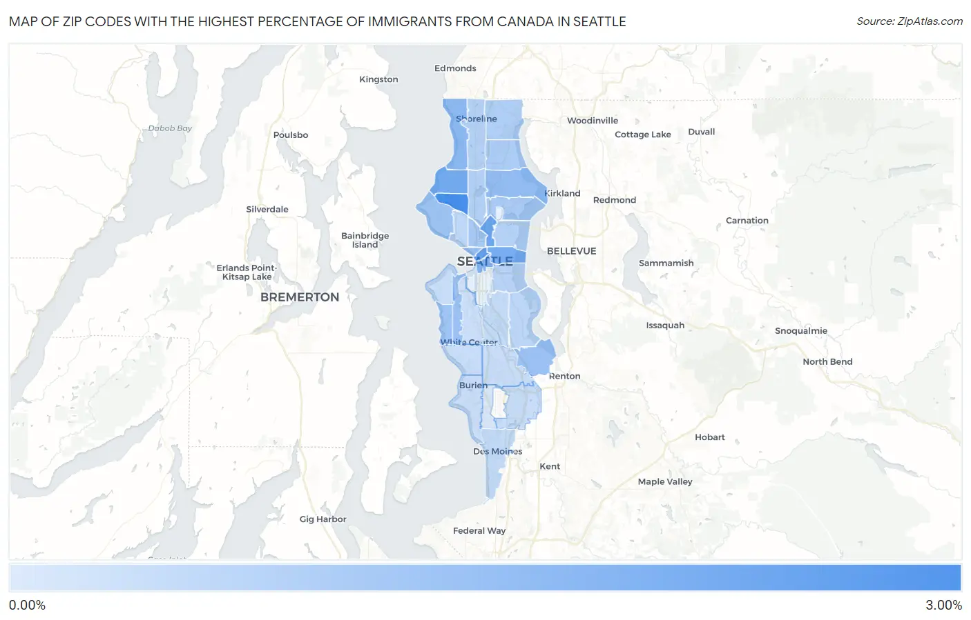 Zip Codes with the Highest Percentage of Immigrants from Canada in Seattle Map