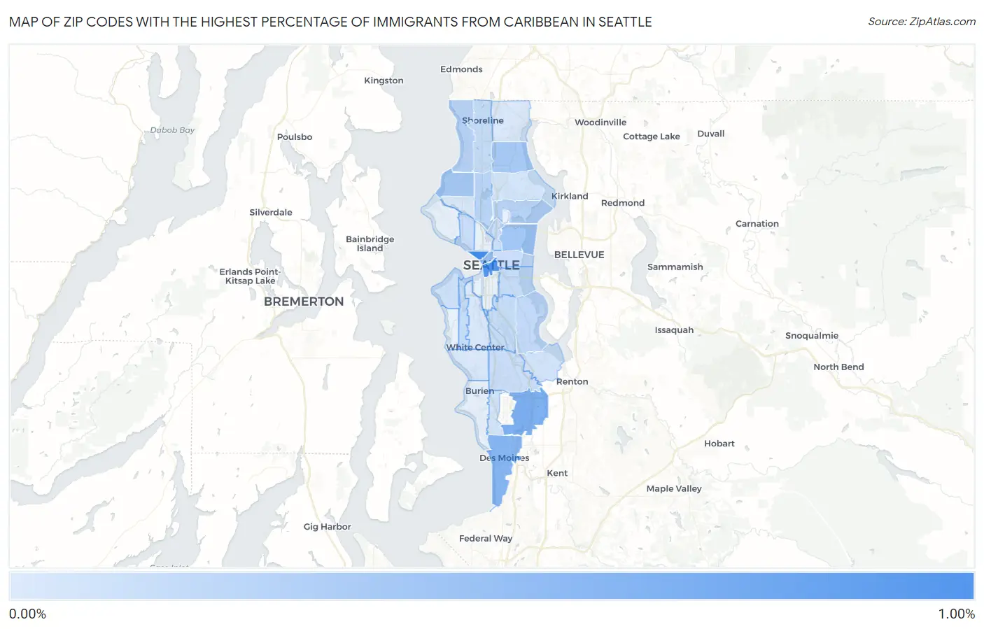 Zip Codes with the Highest Percentage of Immigrants from Caribbean in Seattle Map