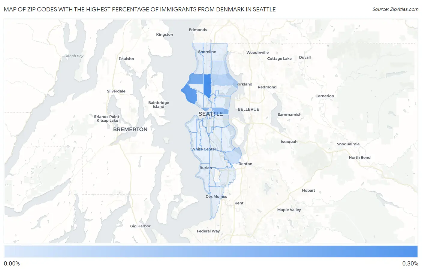 Zip Codes with the Highest Percentage of Immigrants from Denmark in Seattle Map