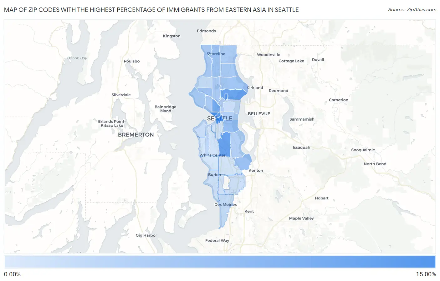 Zip Codes with the Highest Percentage of Immigrants from Eastern Asia in Seattle Map