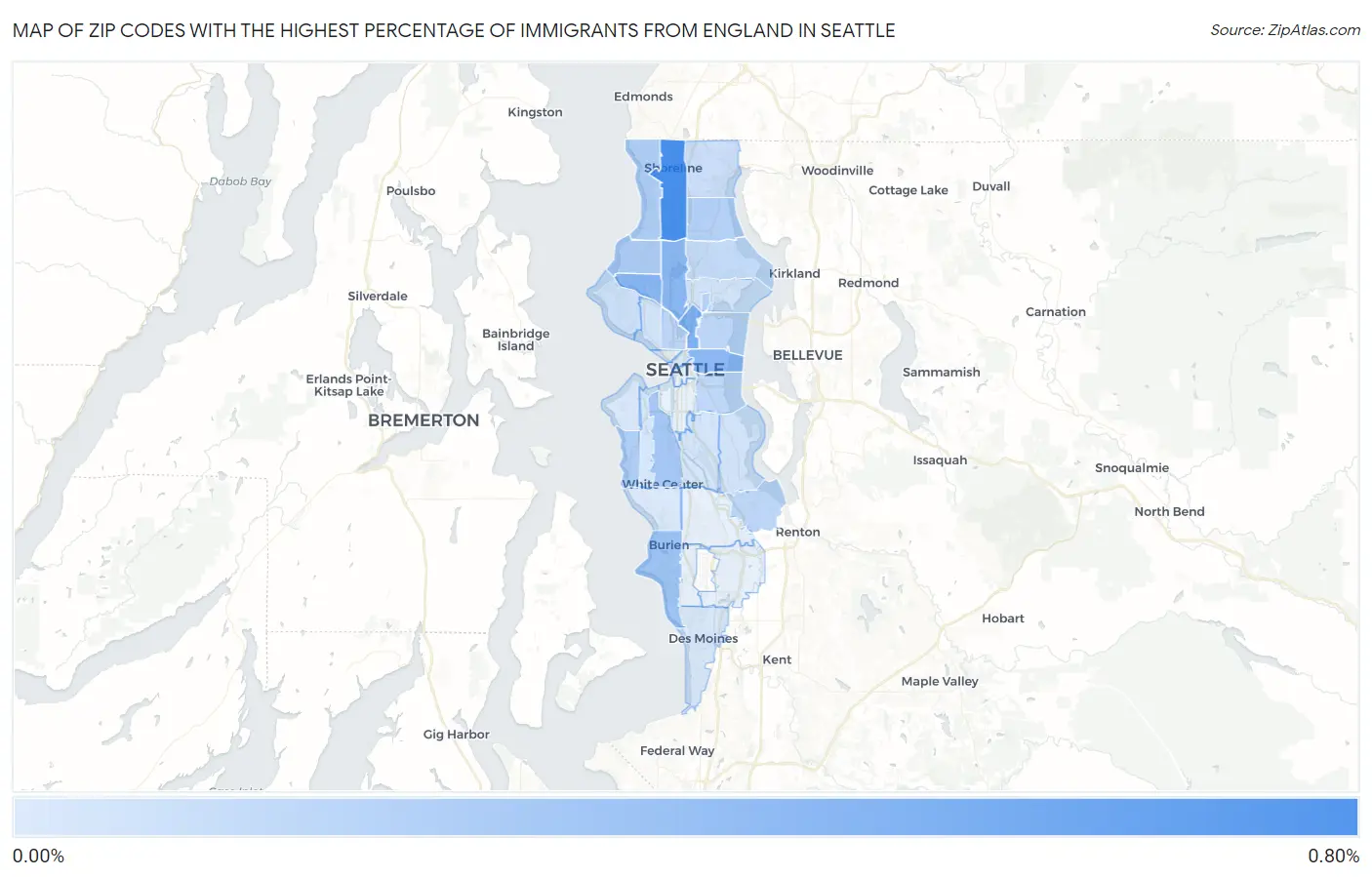 Zip Codes with the Highest Percentage of Immigrants from England in Seattle Map
