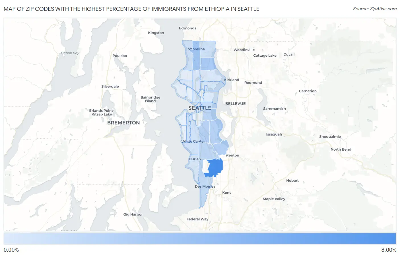 Zip Codes with the Highest Percentage of Immigrants from Ethiopia in Seattle Map