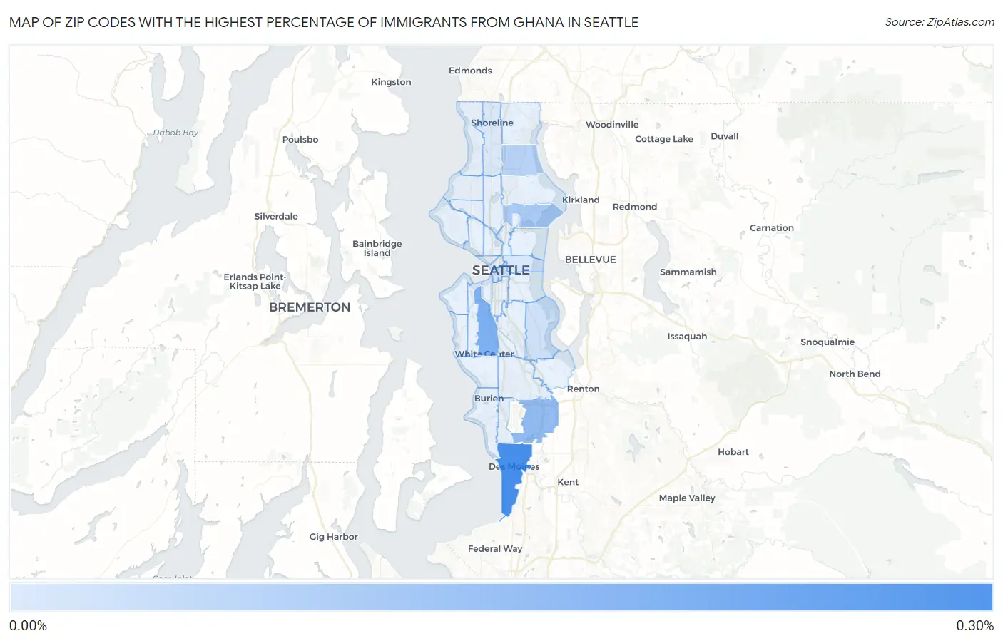 Zip Codes with the Highest Percentage of Immigrants from Ghana in Seattle Map