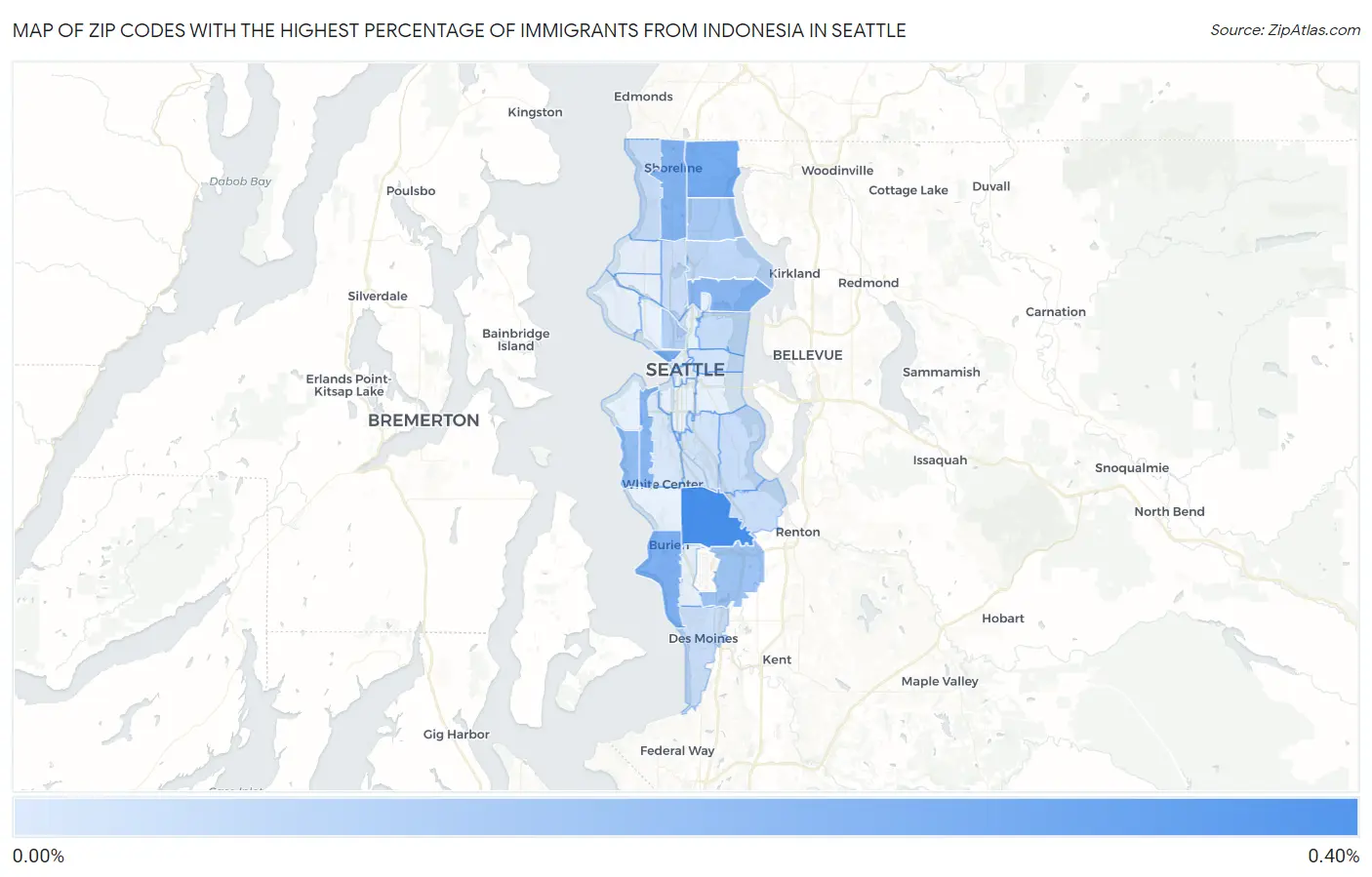 Zip Codes with the Highest Percentage of Immigrants from Indonesia in Seattle Map