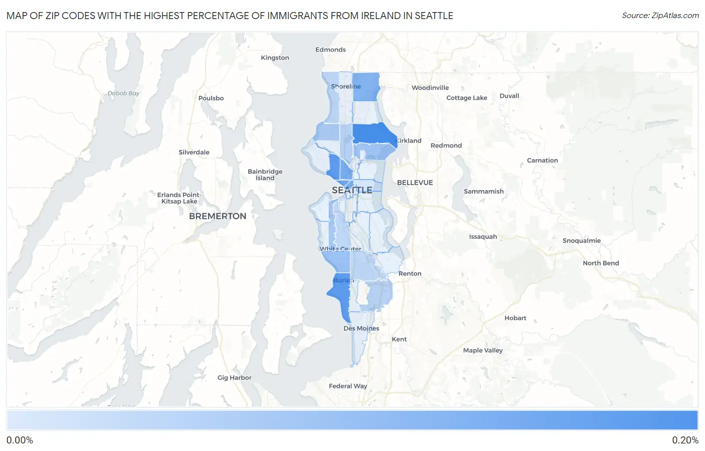 Zip Codes with the Highest Percentage of Immigrants from Ireland in Seattle Map
